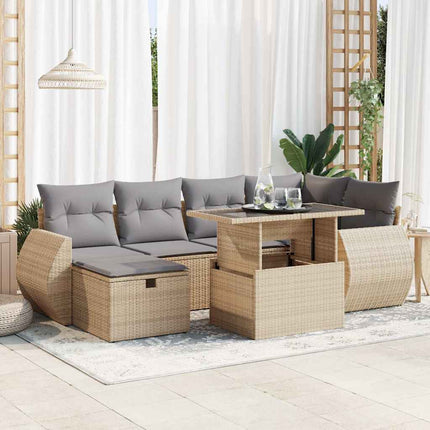Matgrupp för trädgården med dynor 7 delar beige konstrotting