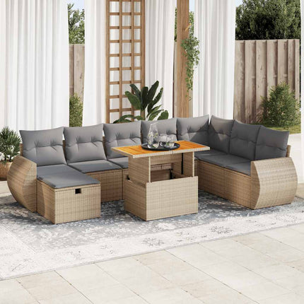 Trädgårdssoffset med dynor 9 delar beige konstrotting akaciaträ