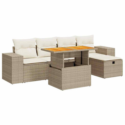 Trädgårdssoffset med dynor 6 delar beige konstrotting akacia