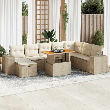 Trädgårdssoffset med dynor 9 delar beige konstrotting akacia