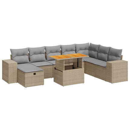 Trädgårdssoffset med dynor 9 delar beige konstrotting akacia