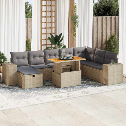 Trädgårdssoffset med dynor 9 delar beige konstrotting akacia
