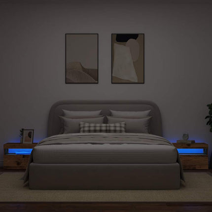 Sängbord med LED-lampor gammalt trä 60x35x40cm konstruerat trä