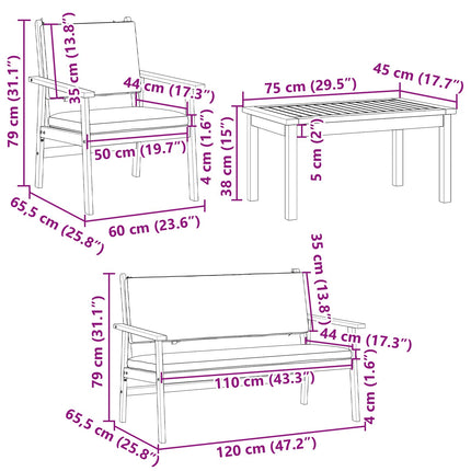 Trädgårdsoffset 4 pcs Brun 120 x 65,5 x 79 cm Massivt Akaciaträ
