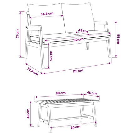 Bistroset med kudde 3 pcs Brun Massivt Akaciaträ