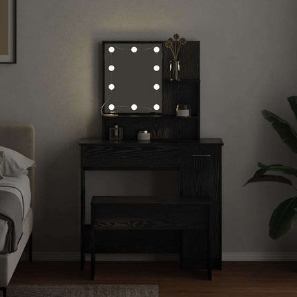 LED Sminkbord Set med låda 2 pcs Svart Ek Konstruerat trä