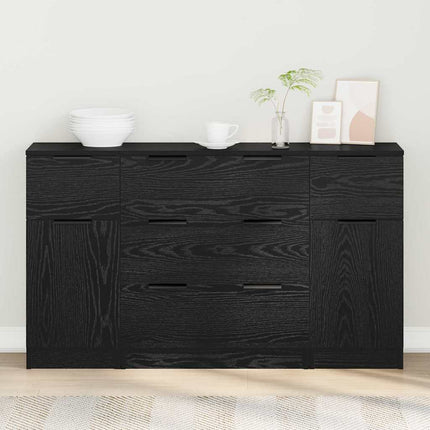 Sideboard med låda 3 pcs Svart Ek Konstruerat trä