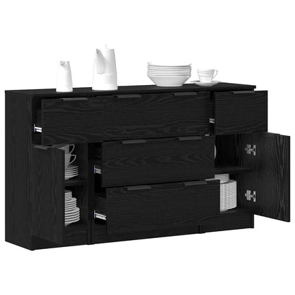 Sideboard med låda 3 pcs Svart Ek Konstruerat trä