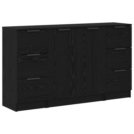 Sideboard med låda 3 pcs Svart Ek Konstruerat trä