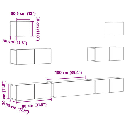 TV-bänkset 7 pcs Svart Ek 100 x 30 x 30 cm Konstruerat trä