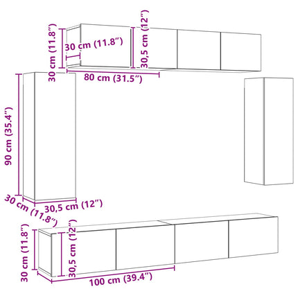 TV-bänkset 6 pcs Svart Ek 100 x 30 x 30 cm Konstruerat trä