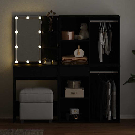 LED Sminkbord Set Svart Ek 140 x 40 x 140 cm Konstruerat trä