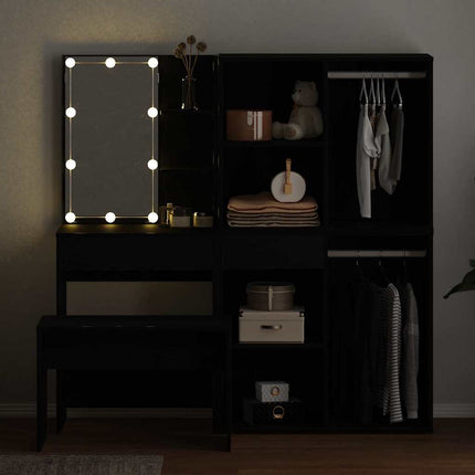 Sminkbordssats med LED med låda 4 pcs Svart Ek Konstruerat trä