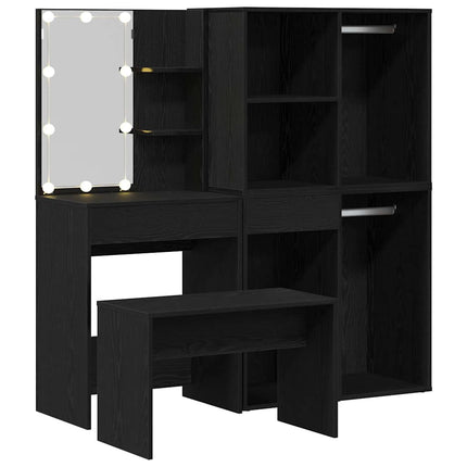 Sminkbordssats med LED med låda 4 pcs Svart Ek Konstruerat trä
