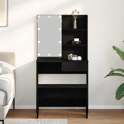 LED Sminkbord Set med låda 2 pcs Svart Ek Konstruerat trä