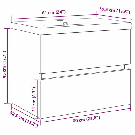 Badrumsskåp med handfat Svart Ek 60 x 39 x 62 cm