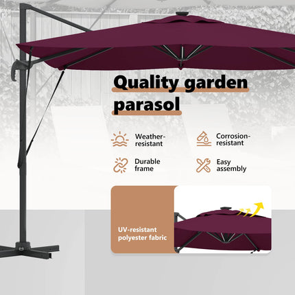 Parasoll med LED -remsljus Bordeaux Röd 286 x 284 x 270 cm
