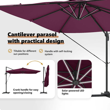 Parasoll med LED -remsljus Bordeaux Röd 286 x 284 x 270 cm