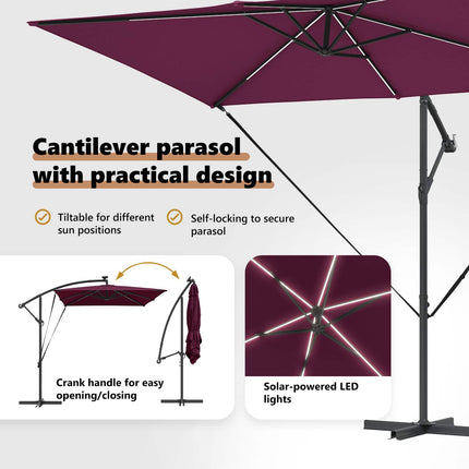 Parasoll med LED -remsljus Bordeaux Röd 294 x 200 x 270 cm