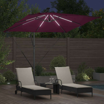 Parasoll med LED-ljusslingor Bordeaux Röd 249 x 249 x 250 cm