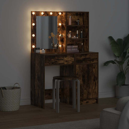 Sminkbordssats med LED med låda 2 pcs Rökt ek Konstruerat trä