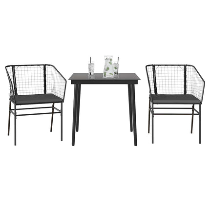 Matgrupp för trädgård med dynor 3 delar svart konstrotting&glas