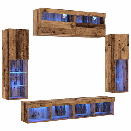 TV-bänkset med LED -remsljus 6 pcs Gammalt trä Konstruerat trä