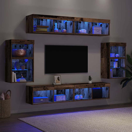 TV-bänkset med LED -remsljus 8 pcs Gammalt trä Konstruerat trä