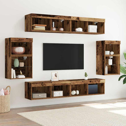 TV-bänkset med LED -remsljus 8 pcs Gammalt trä Konstruerat trä