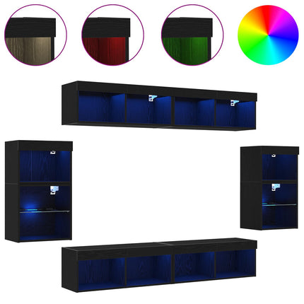 TV-bänkset med LED -remsljus 8 pcs Svart ek Konstruerat trä