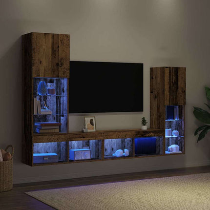 TV-skåp med LED -remsljus 4 pcs Gammalt trä Konstruerat trä