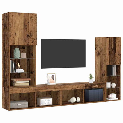 TV-skåp med LED -remsljus 4 pcs Gammalt trä Konstruerat trä