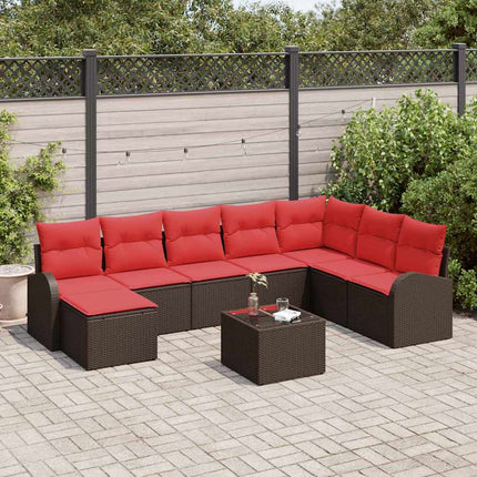 Trädgårdsoffset med kudde 9 pcs Brun Poly Rattan