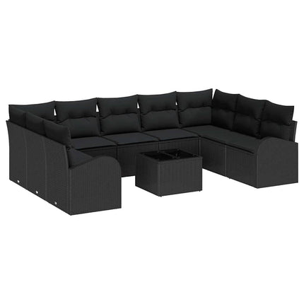 Soffset med kudde 10 pcs Svart Poly Rattan