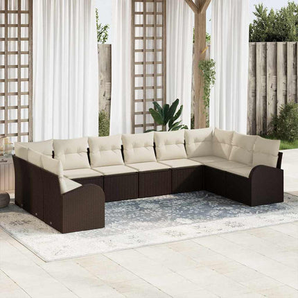 Soffset med kudde 10 pcs Brun Polyrattan