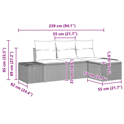 Soffset med kudde 4 pcs Brun Poly Rattan