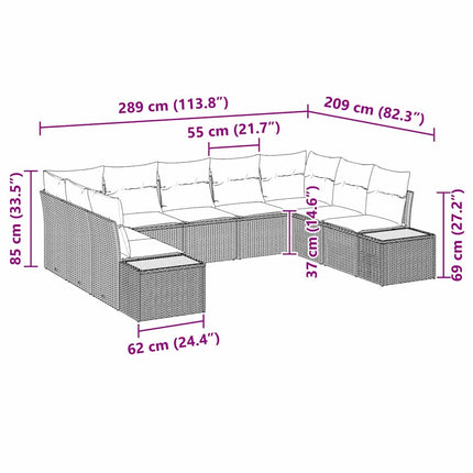Trädgårdsoffset med kudde 9 pcs Grå Poly rattan