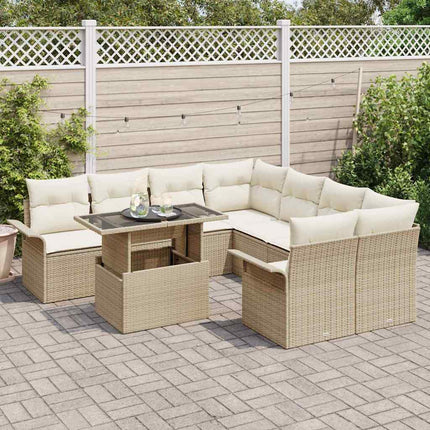 Trädgårdsoffset med kudde 9 pcs Beige Poly rattan
