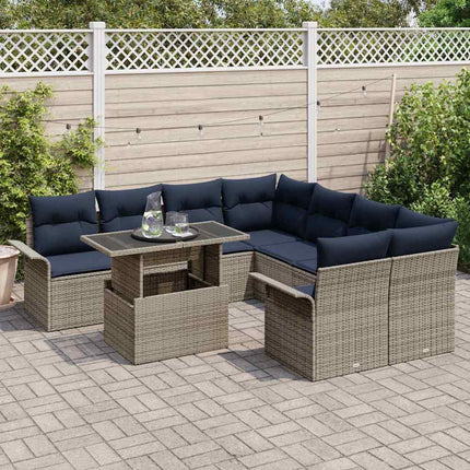 Trädgårdsoffset med kudde 9 pcs Grå Poly rattan