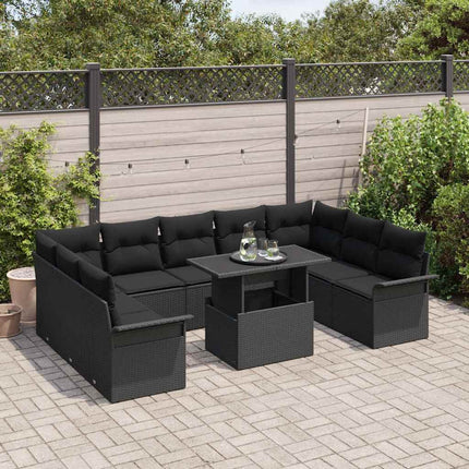 Trädgårdsoffset med kudde 10 pcs Svart Poly rattan