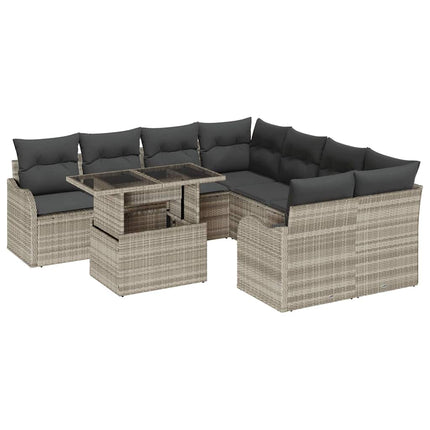 Trädgårdsoffset med kudde 9 pcs Ljusgrå Poly rattan
