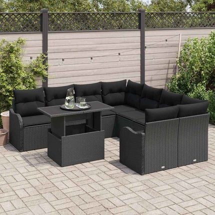 Trädgårdsoffset med kudde 9 pcs Svart Poly rattan