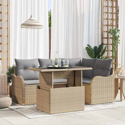 Utomhusmatbord med kudde 5 pcs Beige Poly rattan