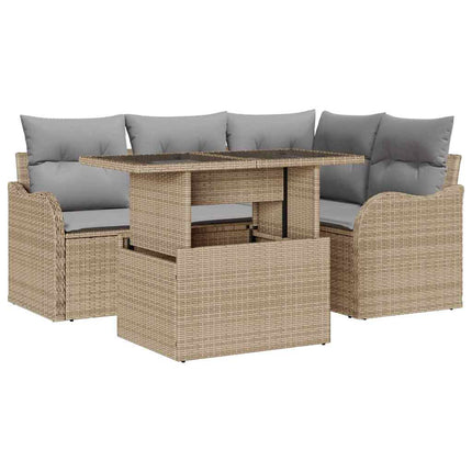 Utomhusmatbord med kudde 5 pcs Beige Poly rattan