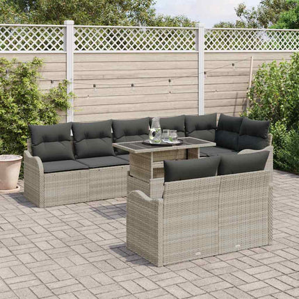 Lounge-set med kudde 9 pcs Ljusgrå Poly rattan