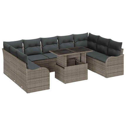 Trädgårdsoffset med kudde 10 pcs Grå Poly rattan