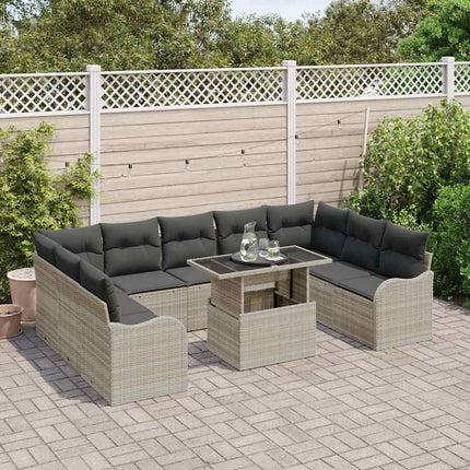 Trädgårdsoffset med kudde 10 pcs Ljusgrå Poly rattan