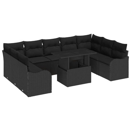 Trädgårdsoffset med kudde 10 pcs Svart Poly rattan