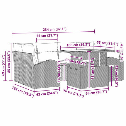 Trädgårdsoffset med kudde 7 pcs Brun Poly rattan