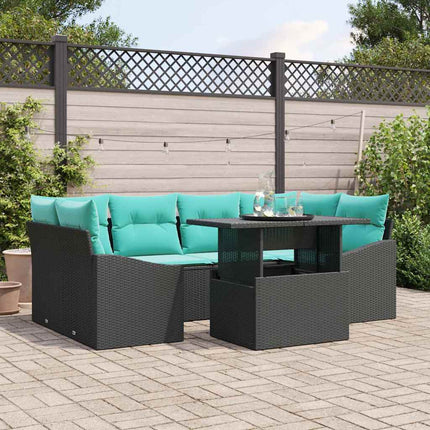 Trädgårdsoffset med kudde 7 pcs Svart och blå Poly rattan